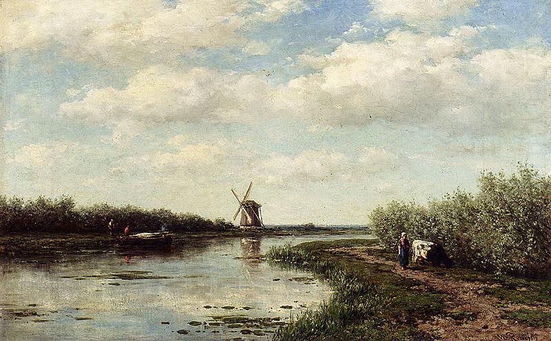 Figures On A Country Road Along A Waterway, Willem Roelofs